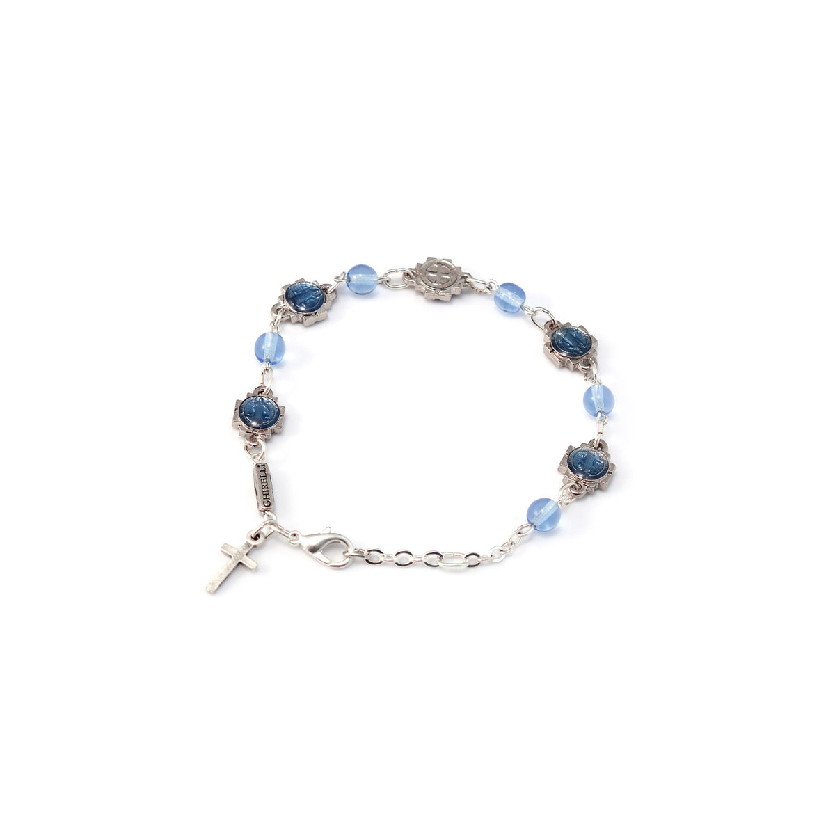 A bracelet with a polished silver plated finish featuring blue glass beads and a silver plated cross pendant.