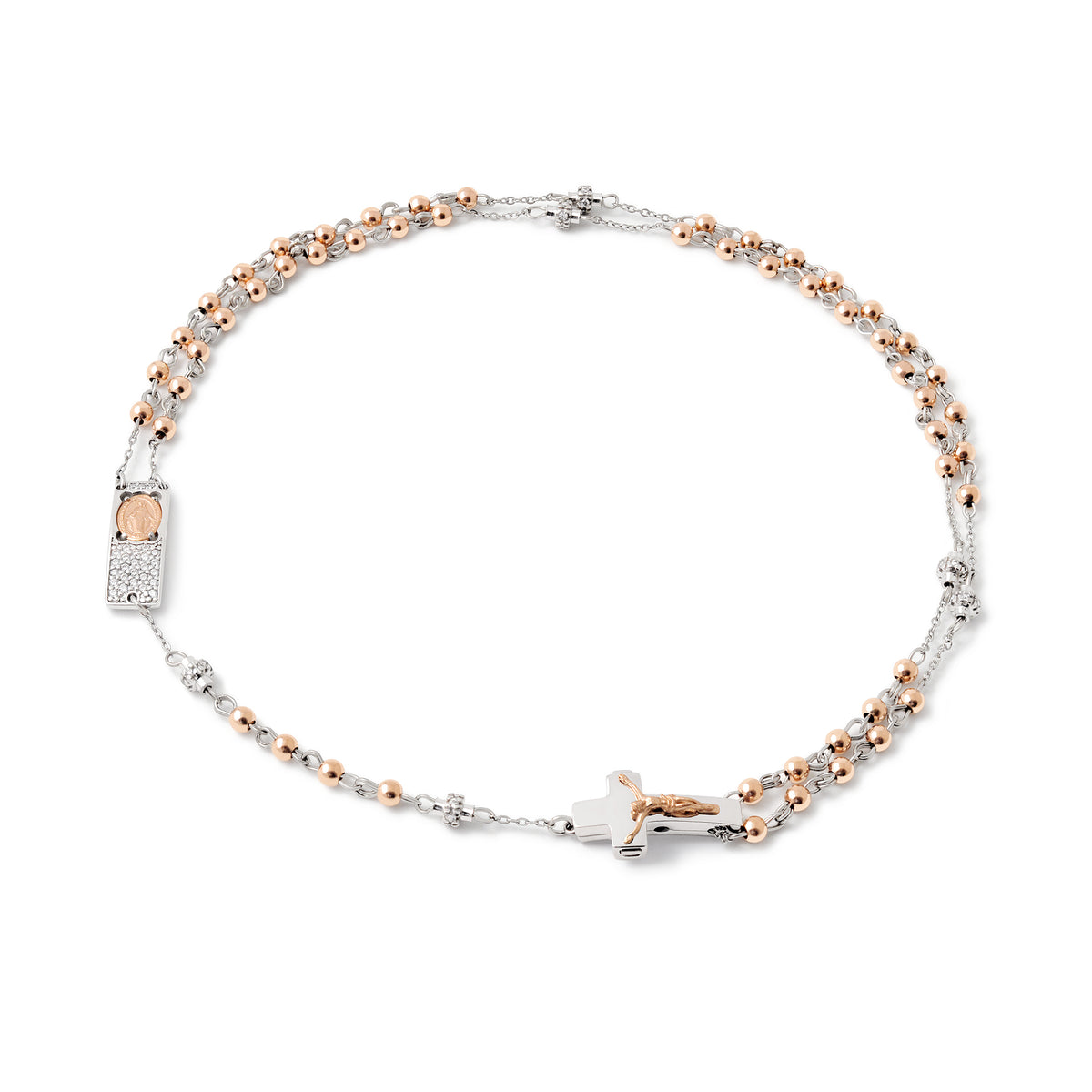 A two-tone sterling silver necklace with rose gold beads and a rosary center featuring zircon pave, showcasing a combination of rhodium and rose gold plating.