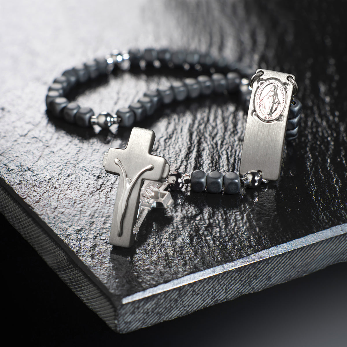 ROSALET® SQUARE MATTE HEMATITE BEADS, STERLING SILVER &amp; ROUND PATER, MODERN