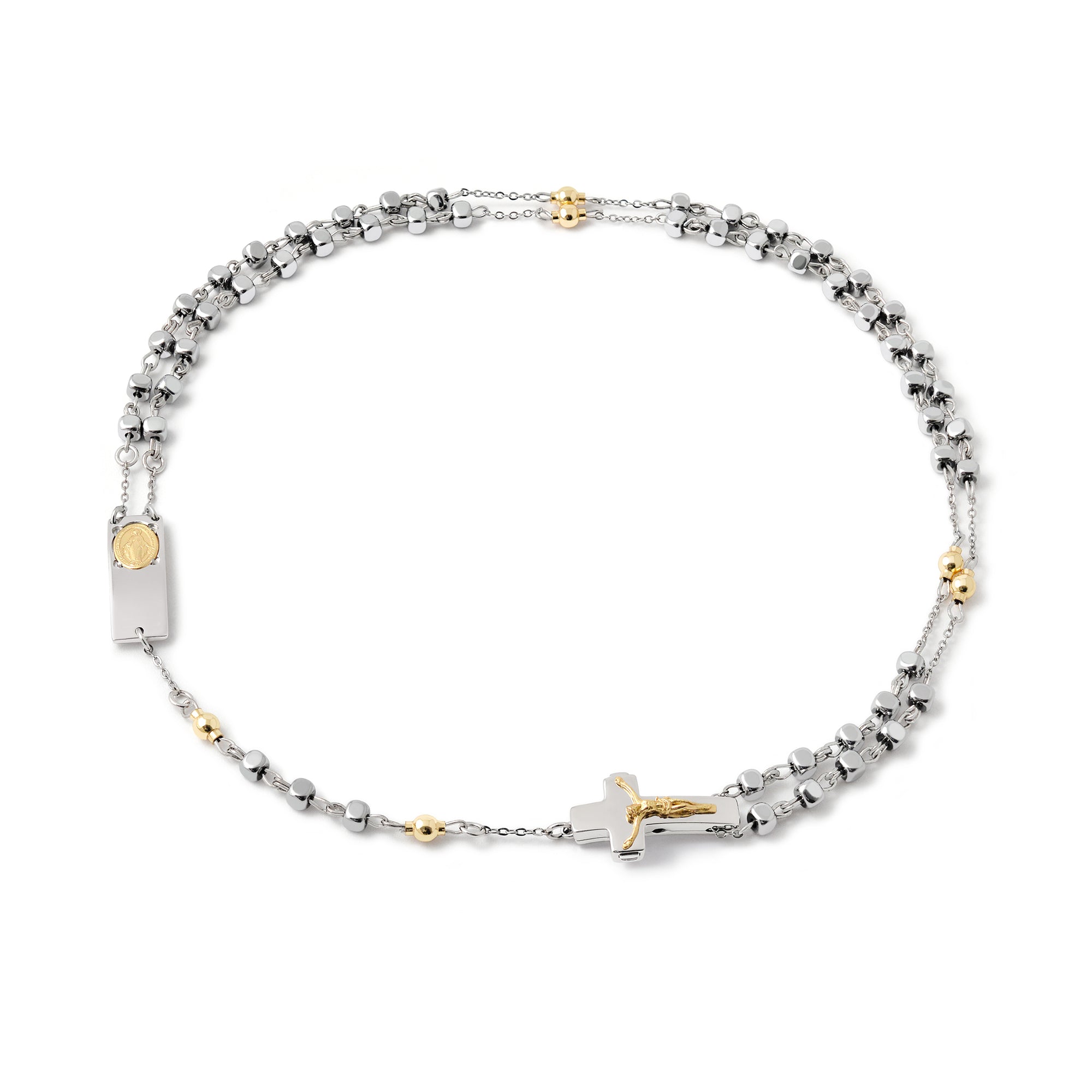 ROSALET® NECKLACE SQUARE SILVER HEMATITE BEADS, STERLING SILVER & GOLD PATER