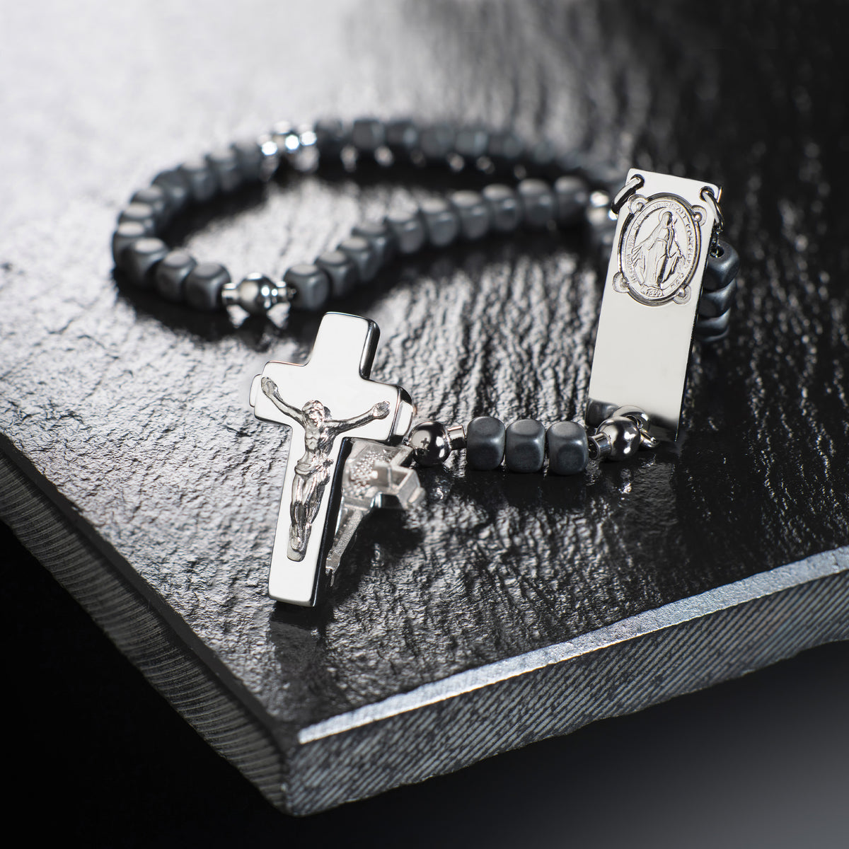 ROSALET® SQUARE MATTE HEMATITE BEADS, STERLING SILVER &amp; ROUND PATER, TRADITIONAL    