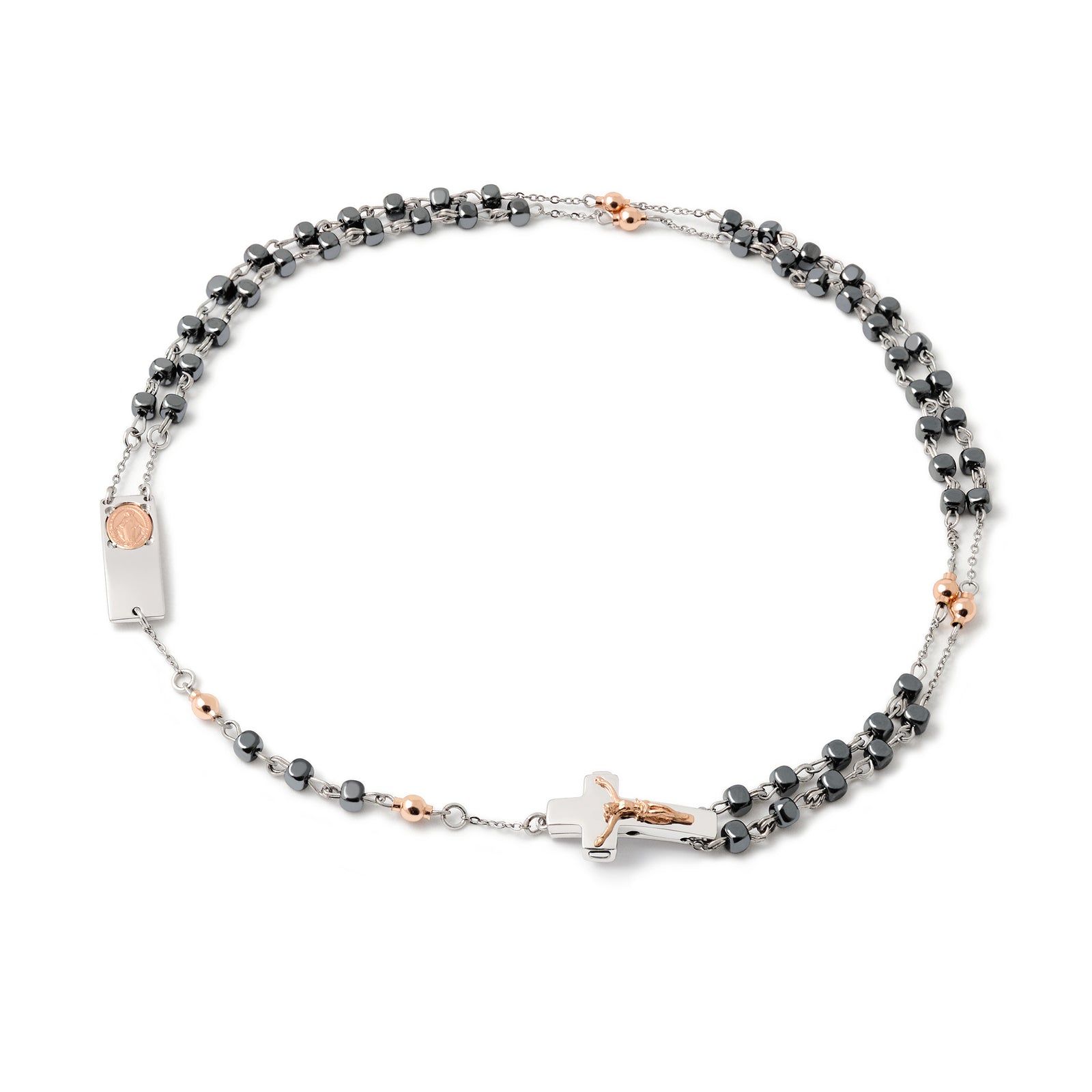 An elegant ROSALET® necklace featuring polished hematite beads, sterling silver, and rose gold plating, with a two-tone finish.