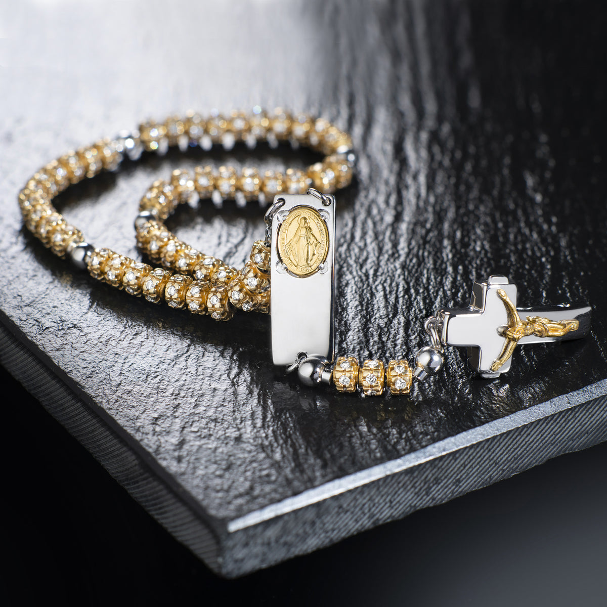 Handcrafted Rosalet with zircon pavé and gold-rhodium crucifix