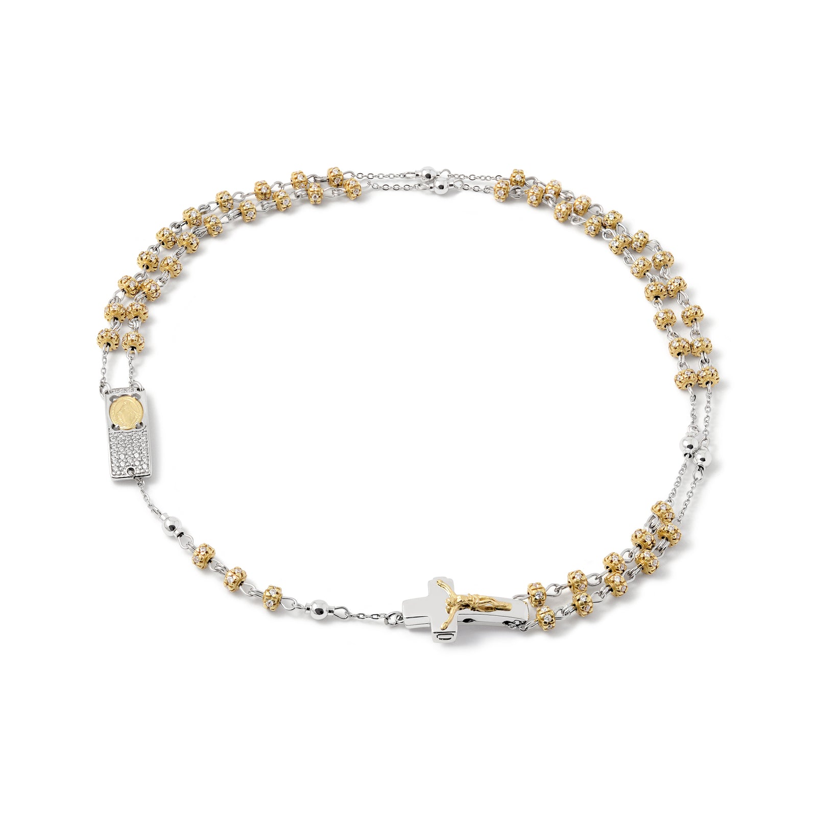 A sterling silver necklace featuring a two-tone rosary with gold and rhodium plating, round pave beads, and a rosary center with zircon pave.