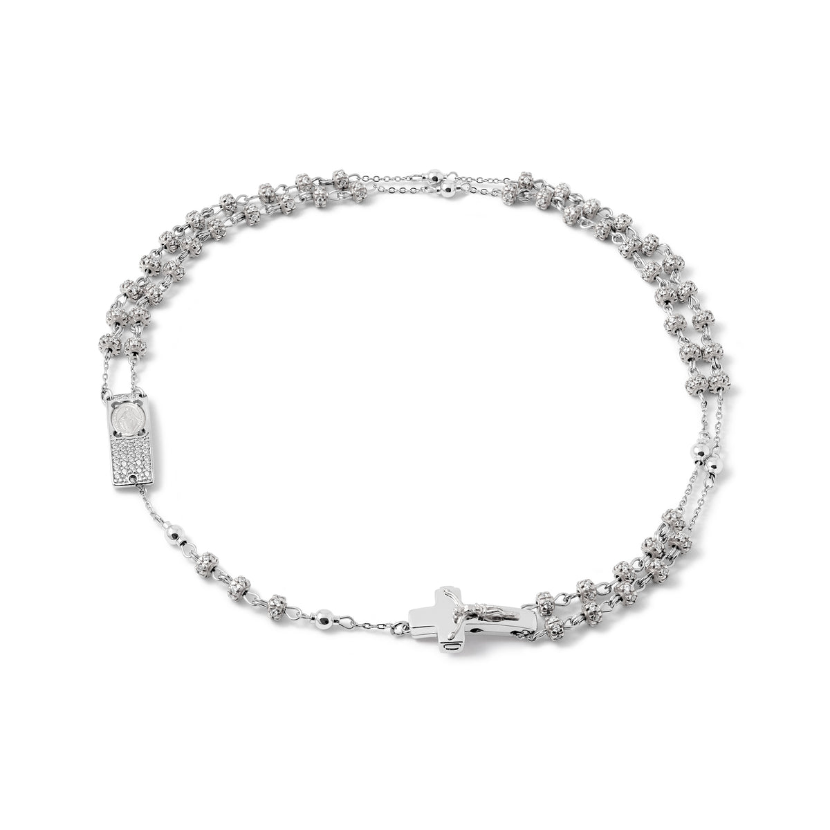 ROSALET® NECKLACE FULLY PAVE RHODIUM BEADS , STERLING SILVER &amp; ROUND PATER, ROSARY CENTER WITH ZIRCON PAVE
