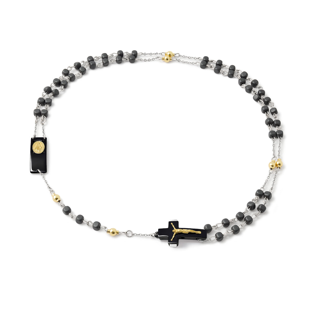 ROSALET® NECKLACE BLACK PVD - SQUARE MATTE HEMATITE BEADS, GOLD PATER