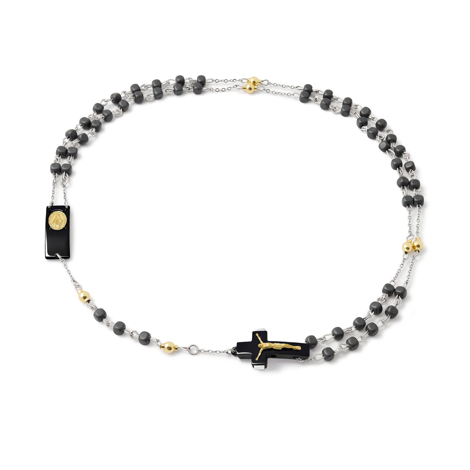 ROSALET® NECKLACE BLACK PVD - SQUARE MATTE HEMATITE BEADS, GOLD PATER