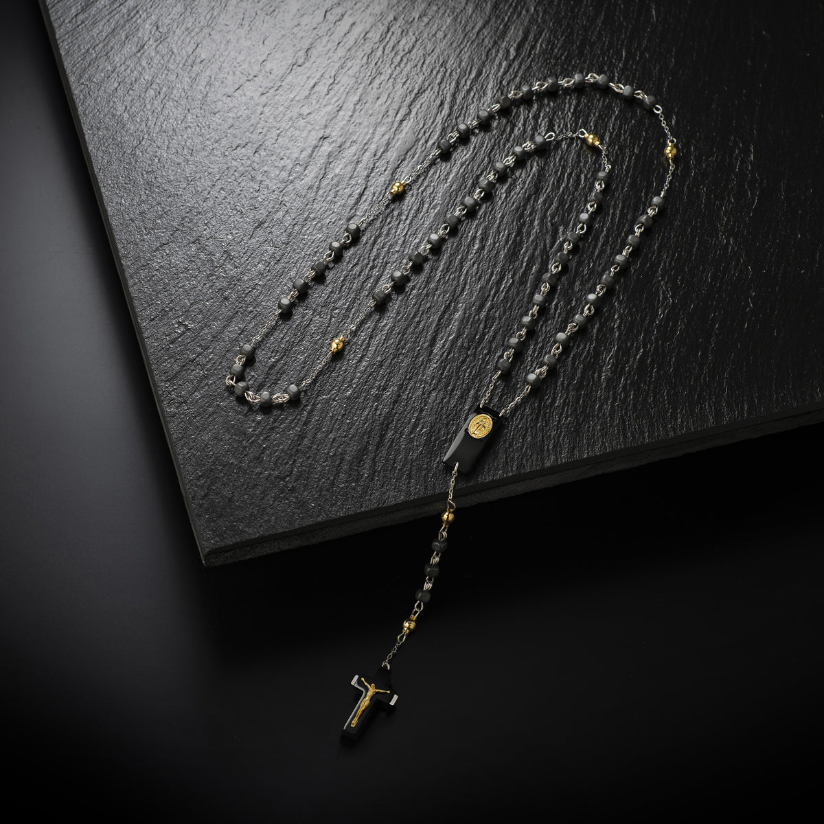 ROSALET® NECKLACE BLACK PVD - SQUARE MATTE HEMATITE BEADS, GOLD PATER