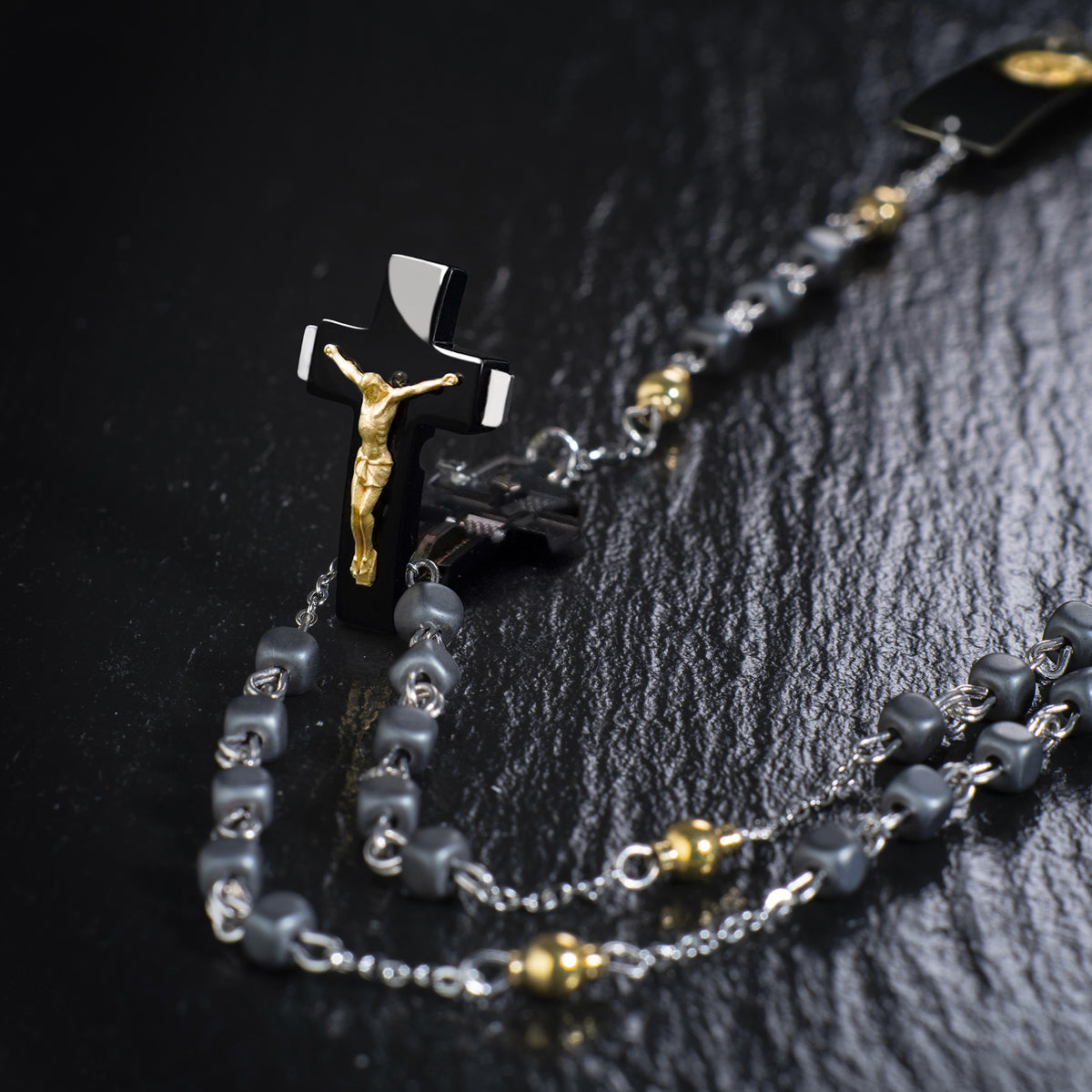 ROSALET® NECKLACE BLACK PVD - SQUARE MATTE HEMATITE BEADS, GOLD PATER