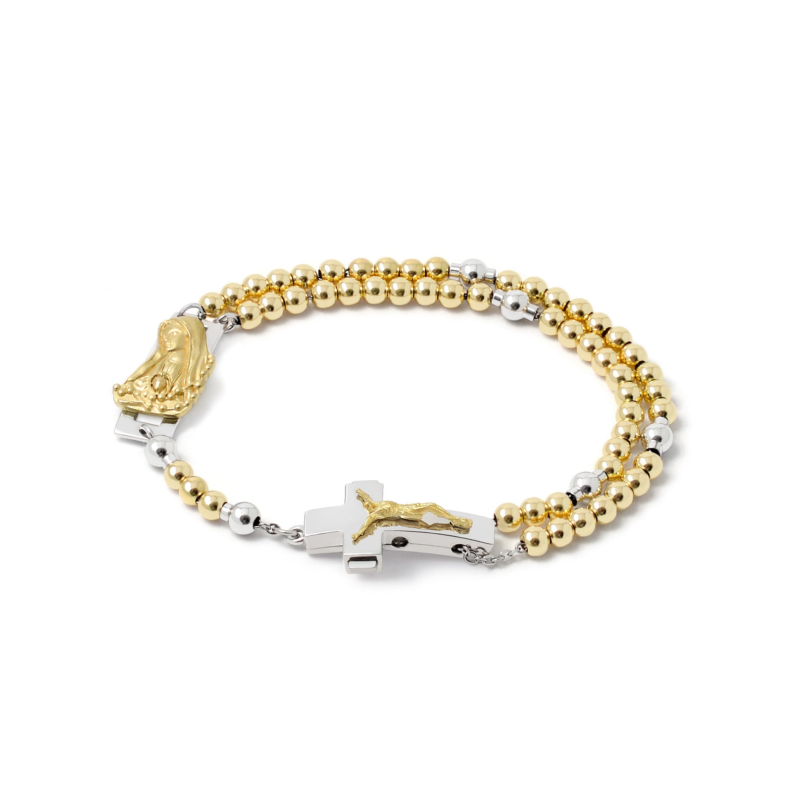Two-toned gold and silver bracelet with a cross on a white background