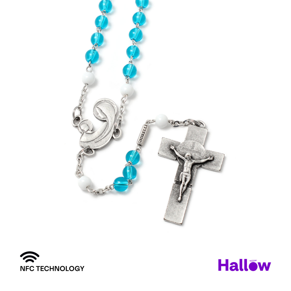 A traditional Rosary with blue glass beads and white Our Father beads, featuring a white enamelled Crucifix with integrated NFC technology and the Hallow app logo.