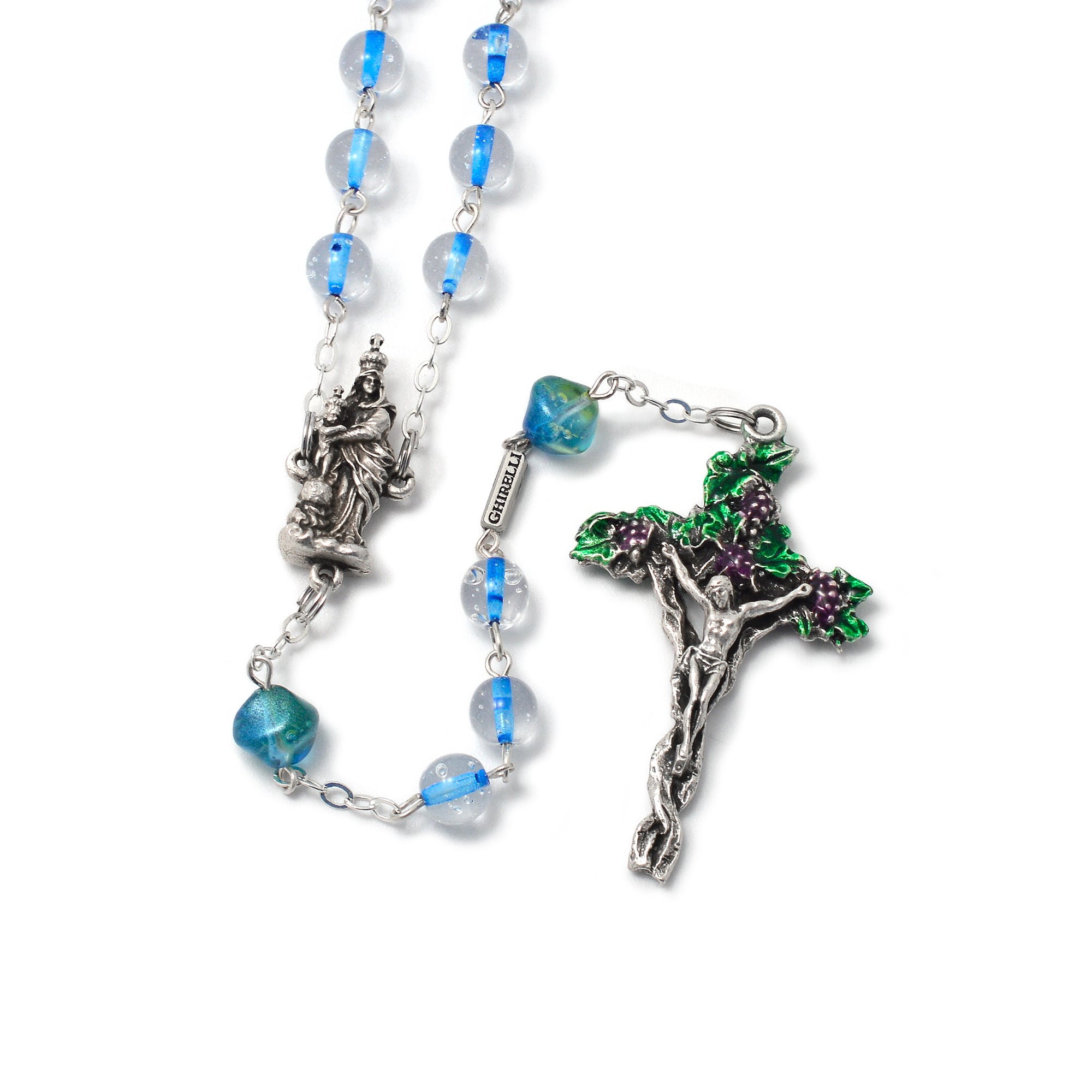 Our Lady of Victories artistic rosary with 100% recycled glass Bohemian beads