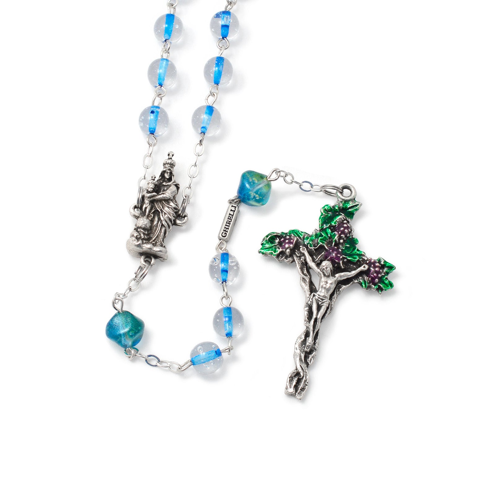 A rosary featuring blue and green Bohemian glass beads with a silver crucifix and a centerpiece depicting Our Lady of Victories.
