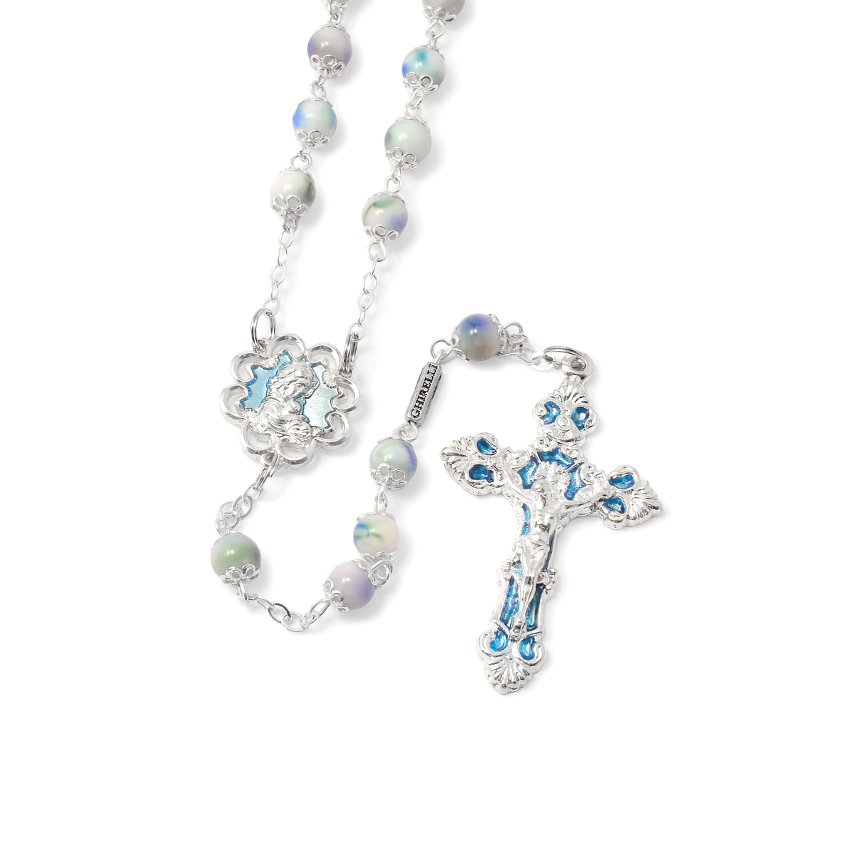 Mary&#39;s Motherly Love Collection Blue &amp; Silver Rosary - 7mm