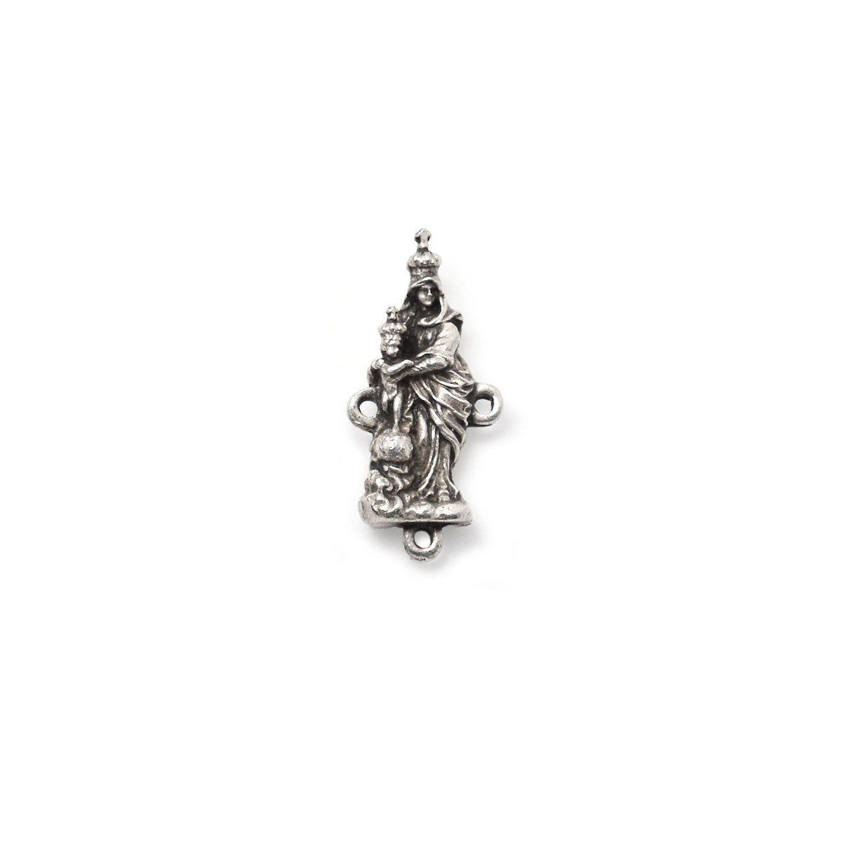 Metallic pendant with a figure holding a child on a white background