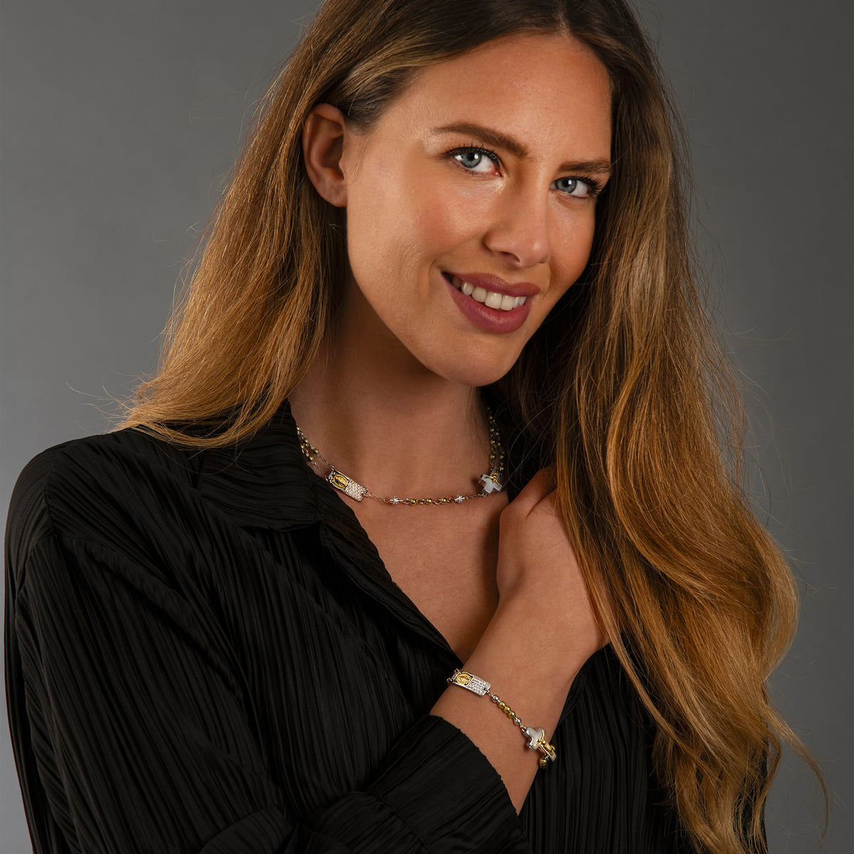 ROSALET® NECKLACE ROUND GOLD BEADS, STERLING SILVER &amp; PAVE PATER, ROSARY CENTER WITH ZIRCON PAVE