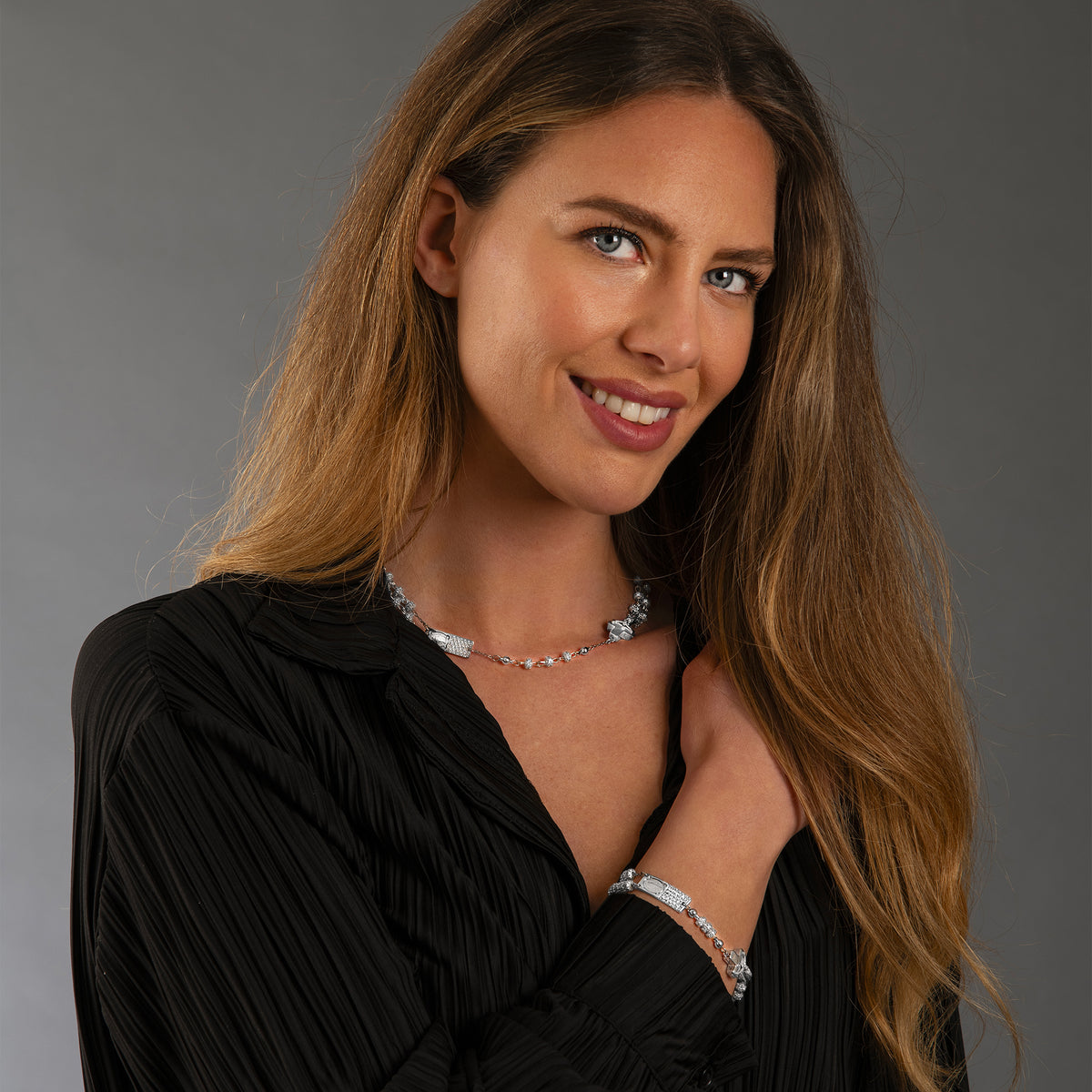 ROSALET® NECKLACE FULLY PAVE RHODIUM BEADS , STERLING SILVER &amp; ROUND PATER, ROSARY CENTER WITH ZIRCON PAVE