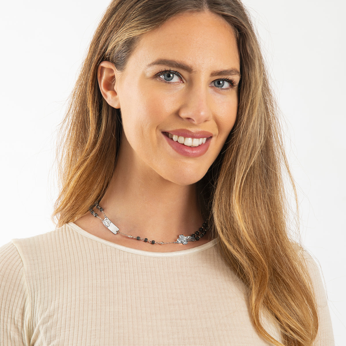 ROSALET®  NECKLACE SQUARE MATTE HEMATITE BEADS, STERLING SILVER &amp; ROUND PATER