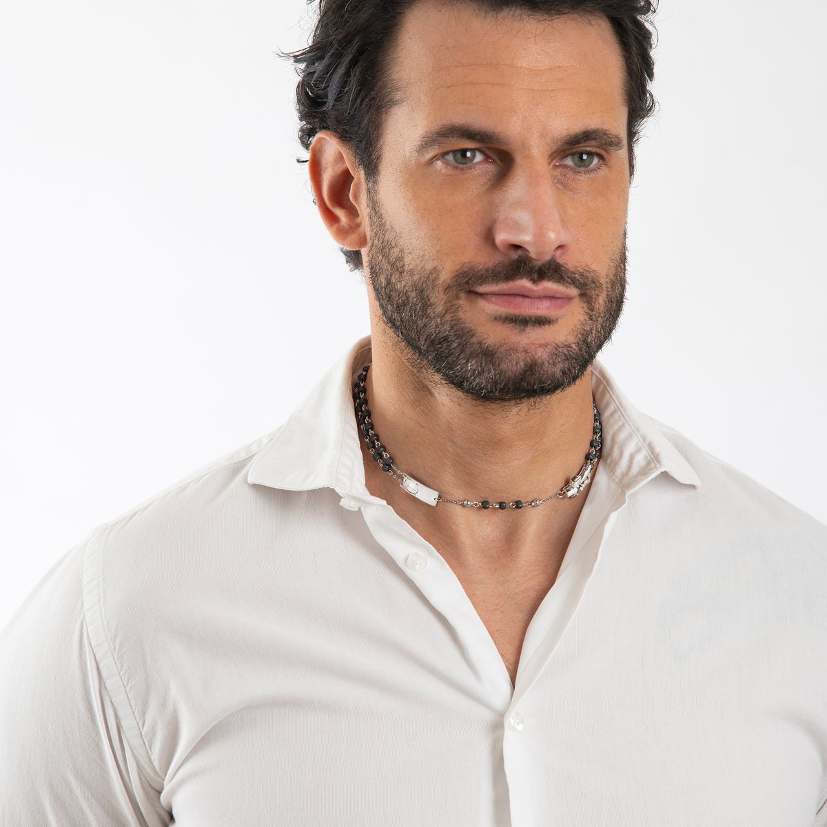 ROSALET®  NECKLACE SQUARE MATTE HEMATITE BEADS, STERLING SILVER &amp; ROUND PATER