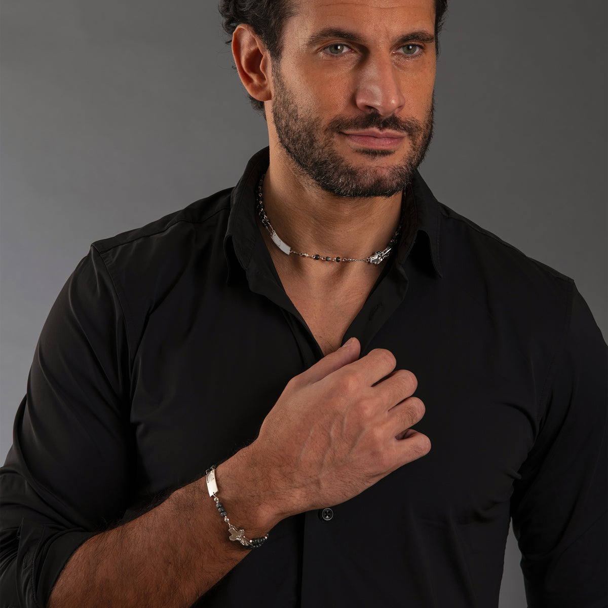 ROSALET®  NECKLACE SQUARE MATTE HEMATITE BEADS, STERLING SILVER &amp; ROUND PATER