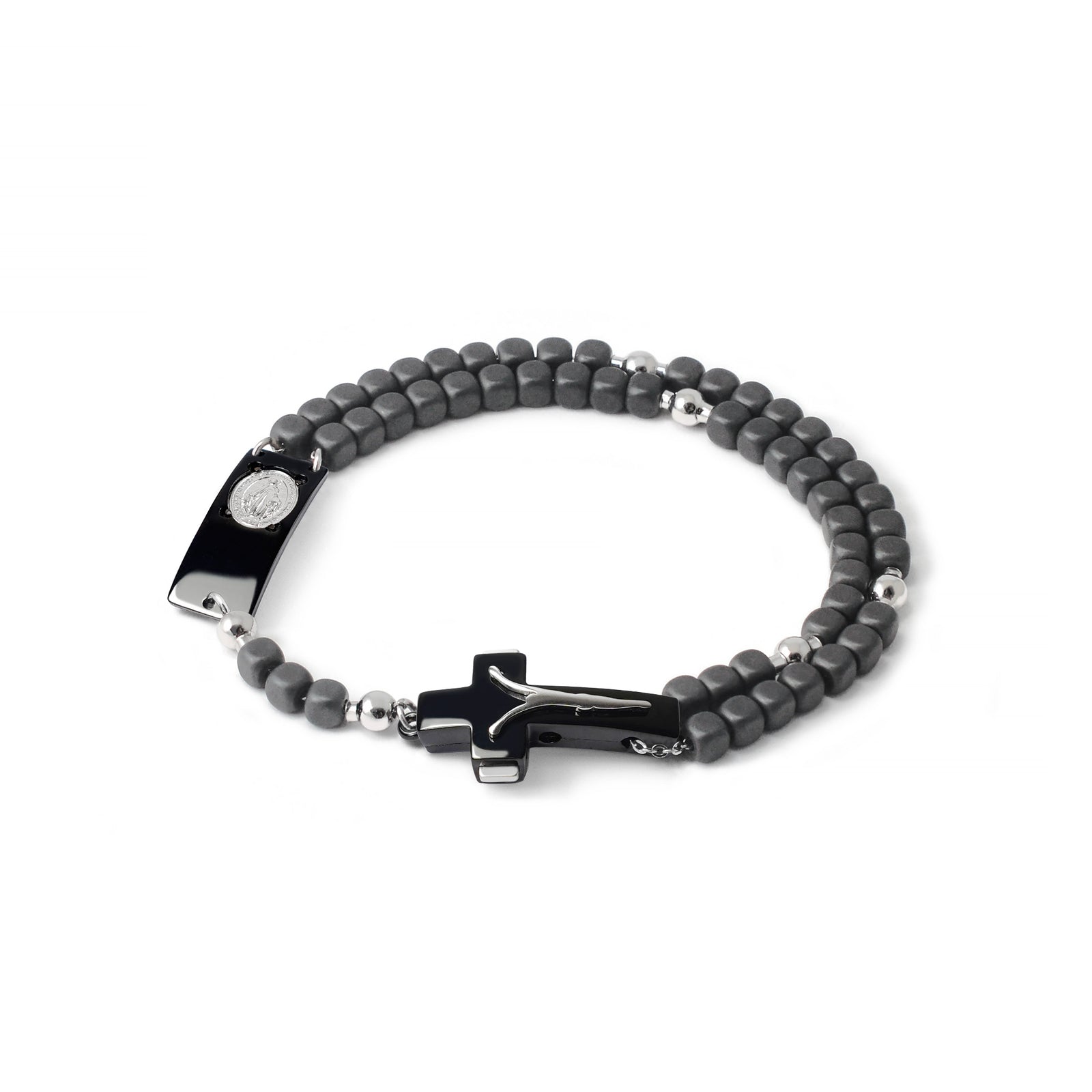 ROSALET® SQUARE BLACK PVD - MATTE HEMATITE BEADS, STERLING SILVER & ROUND PATER, MODERN