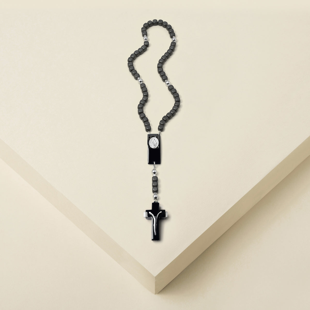 ROSALET® SQUARE BLACK PVD - MATTE HEMATITE BEADS, STERLING SILVER &amp; ROUND PATER, MODERN