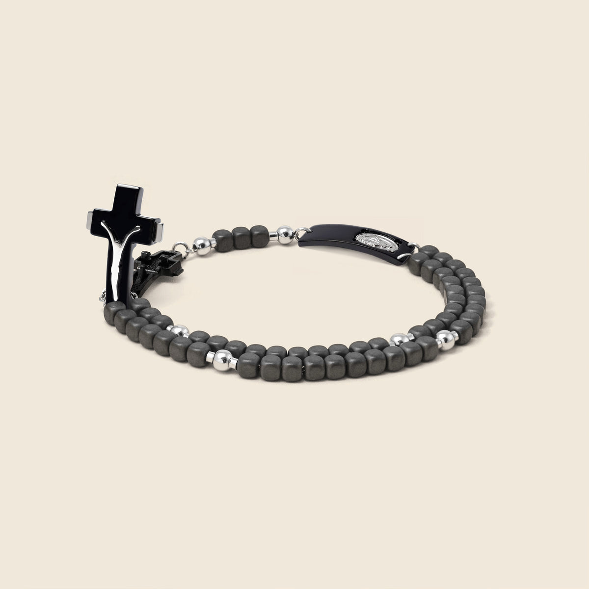 ROSALET® SQUARE BLACK PVD - MATTE HEMATITE BEADS, STERLING SILVER &amp; ROUND PATER, MODERN