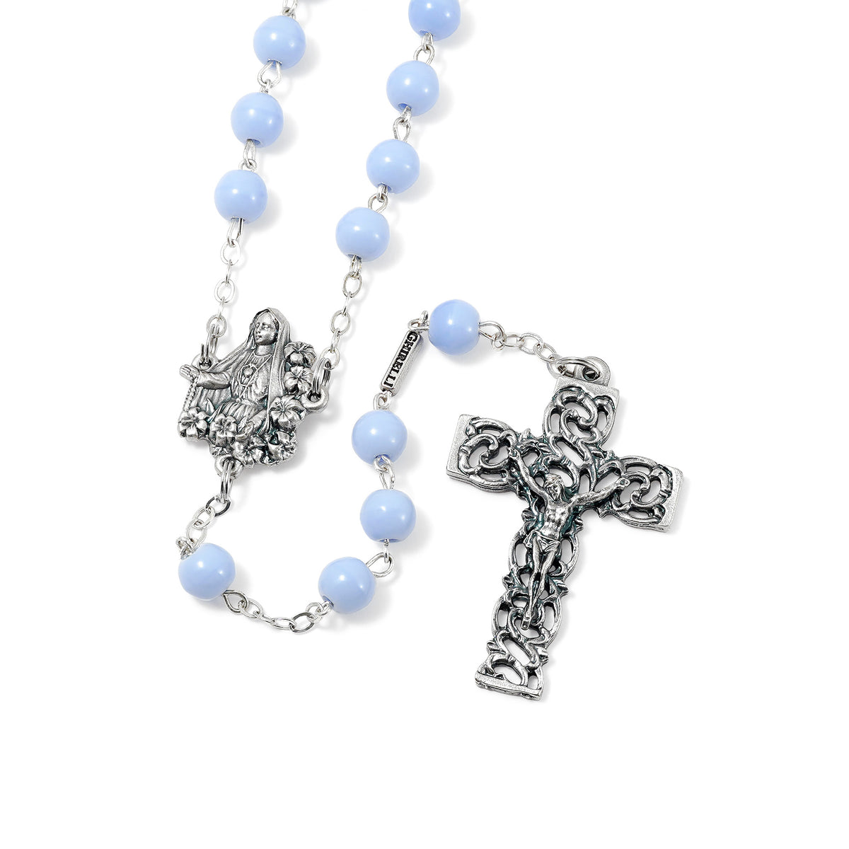 Fatima Lily Sky Blue &amp; Silver Rosary
