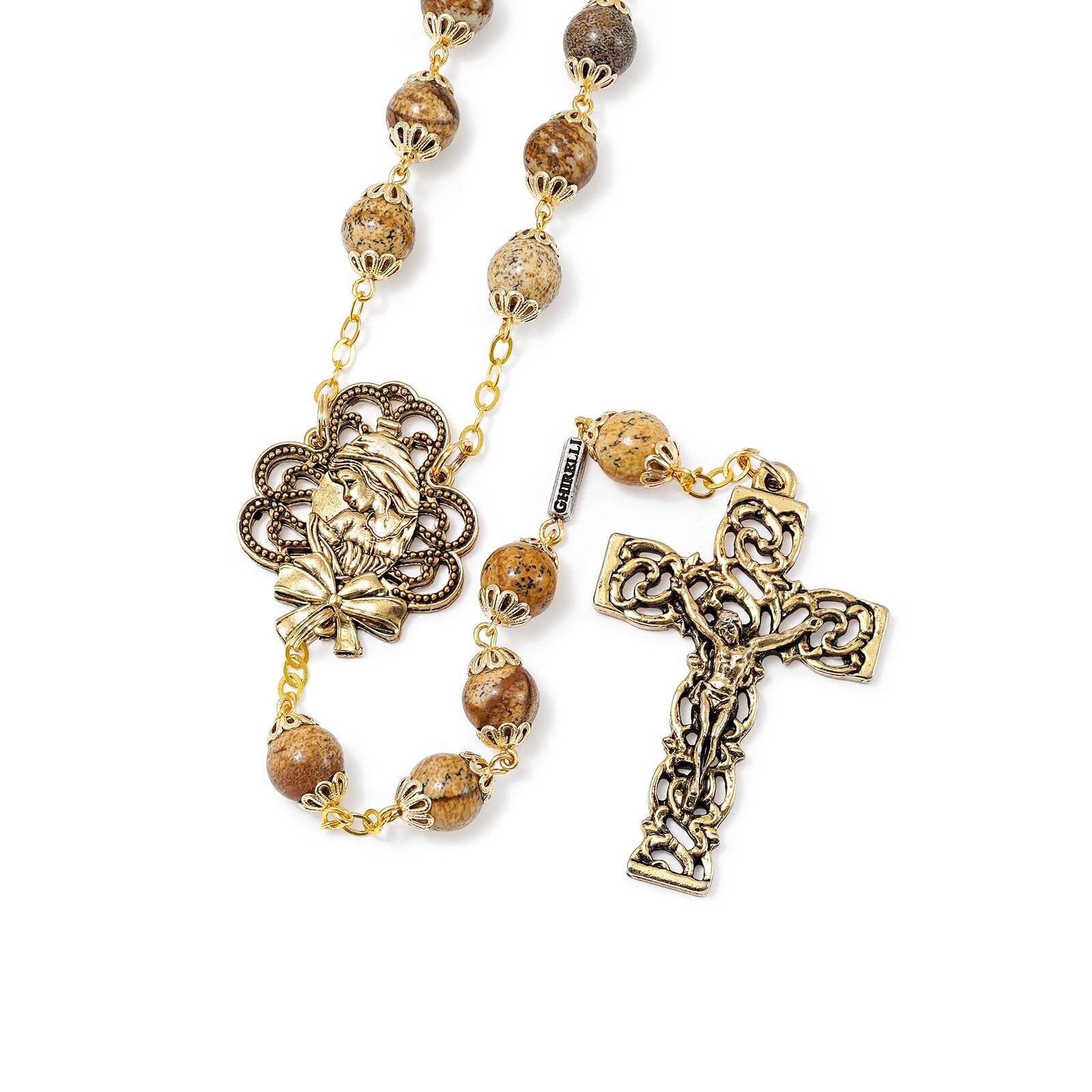 Mary's Motherly Love Collection in Antique Gold with Natural Jasper Stone Rosary