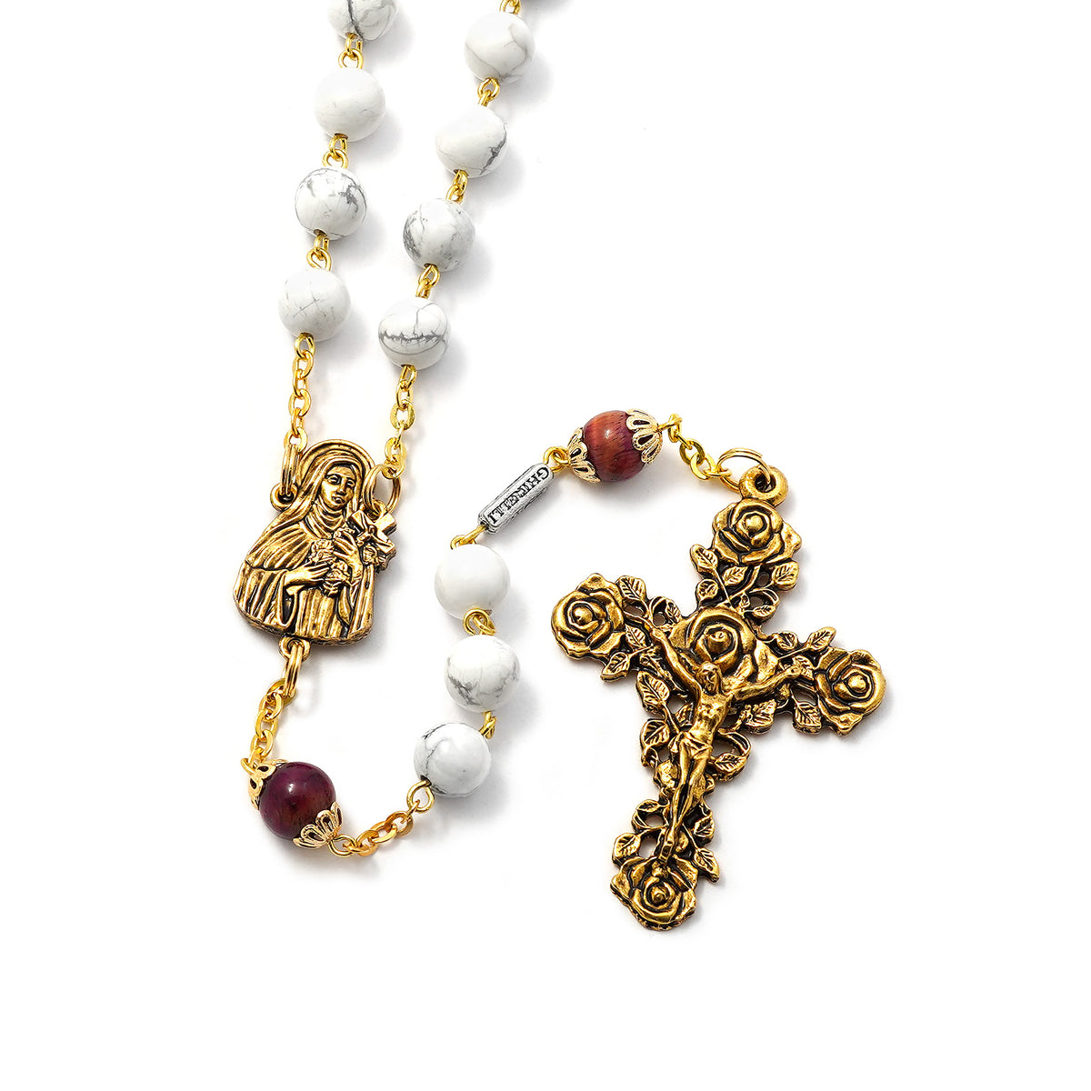 Saint Therese of Lisieux Gold Rosary with Aulite &amp; Tiger’s Eye beads