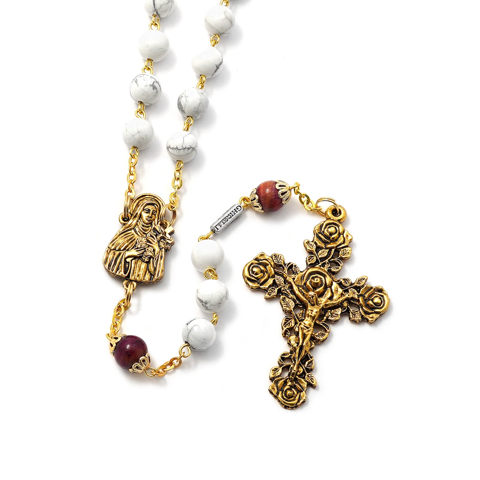 Saint Therese of Lisieux Gold Rosary with Aulite & Tiger’s Eye beads