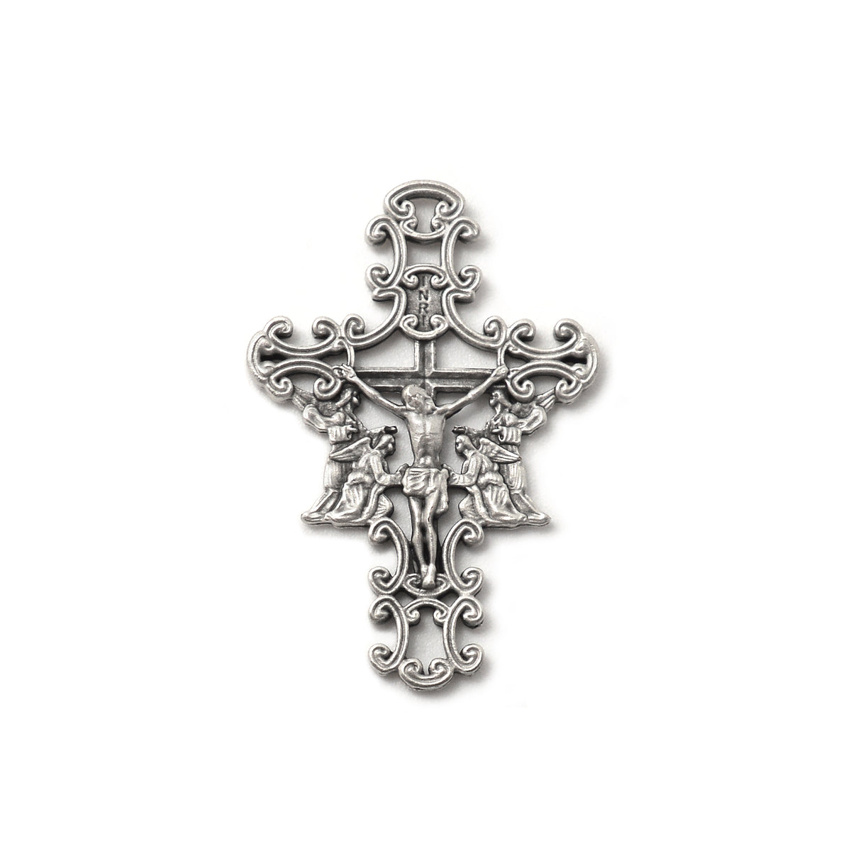Crucifix with Jesus and two Holy Angels in detailed antique silver finish
