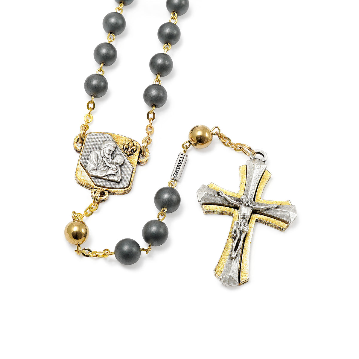 Saint Joseph Rosary in Silver, Gold &amp; Hematite