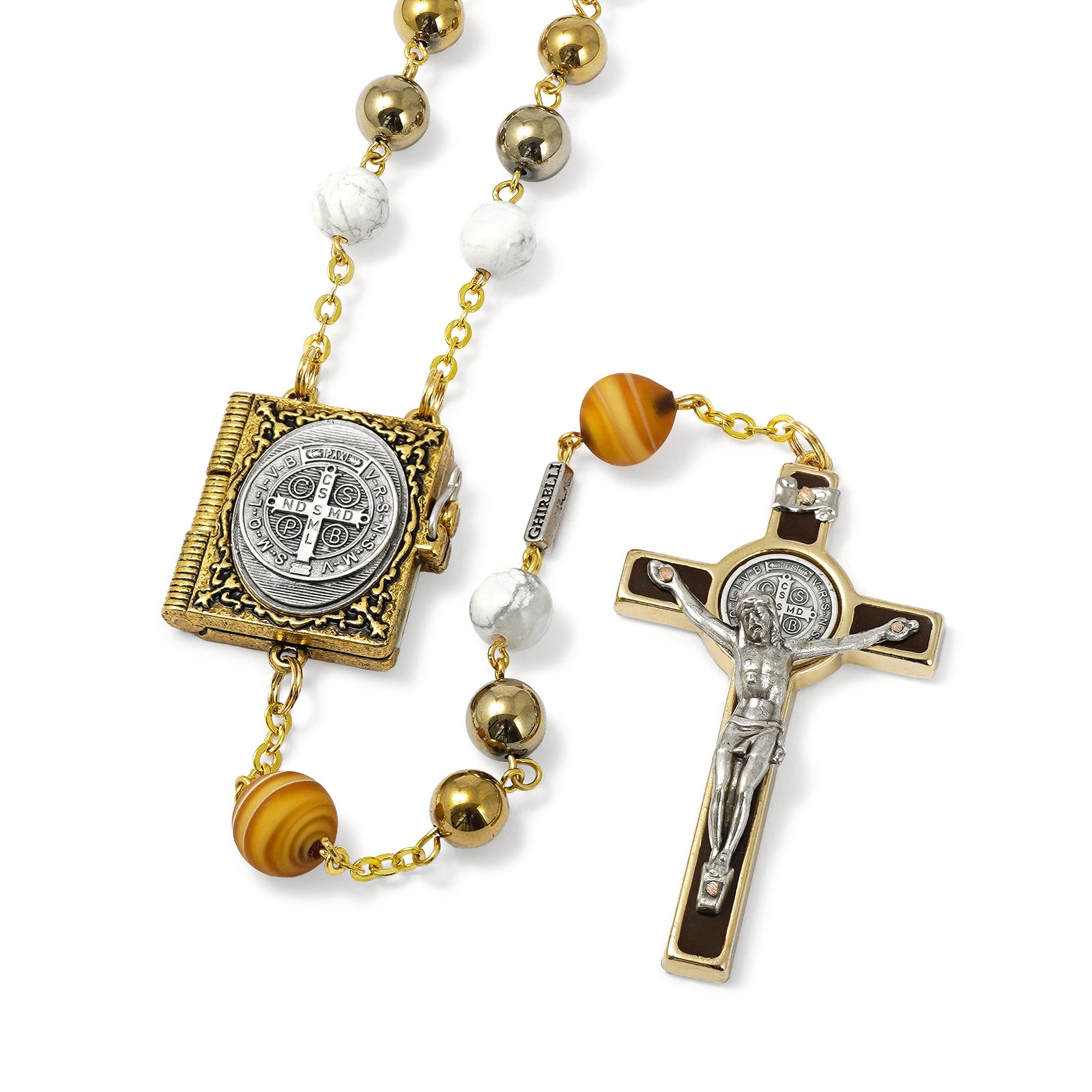 Saint Benedict Booklet Gold Rosary with Murano Beads & Hematite