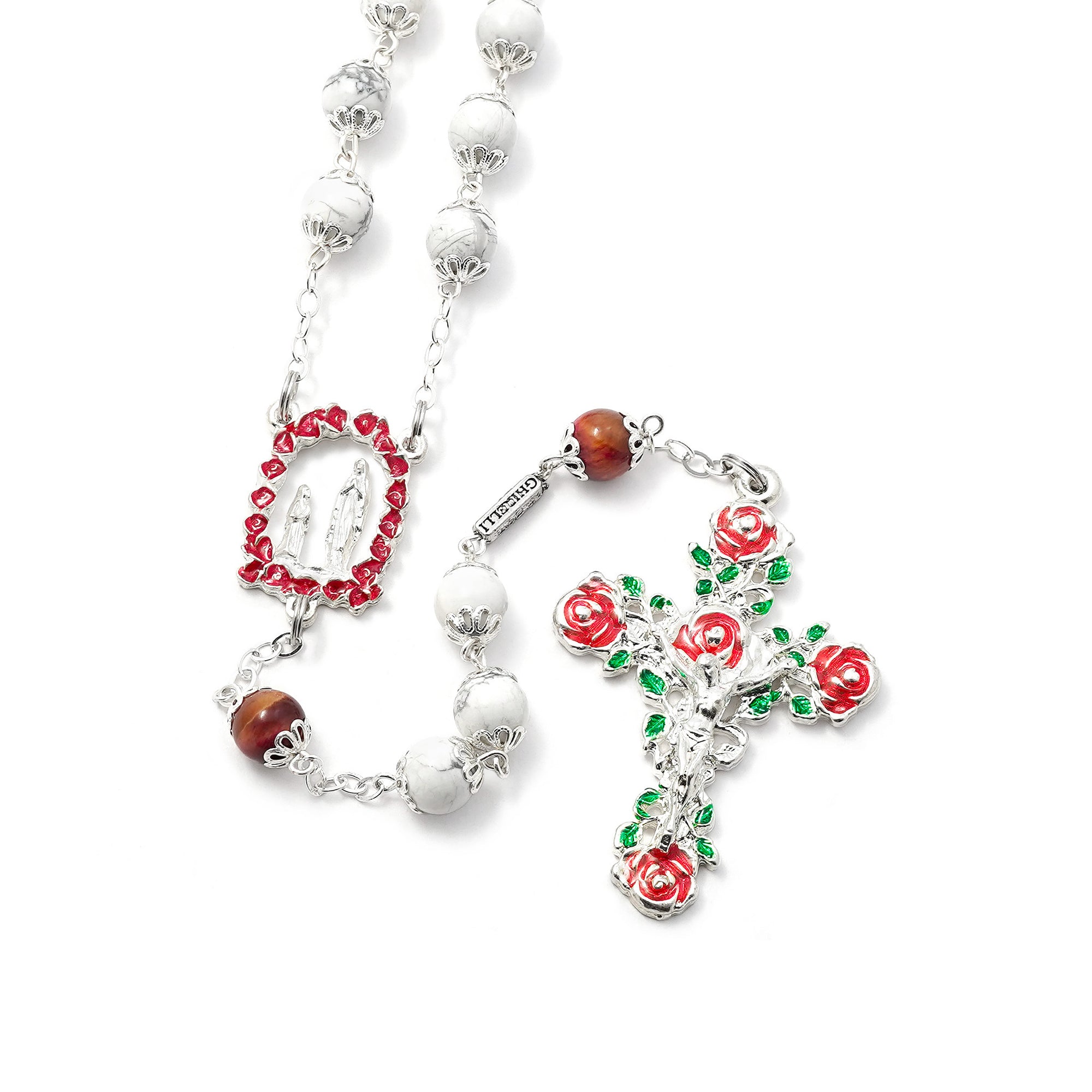 Lourdes Roses & Saint Bernadette Pearl, Silver & Enameled Rosary