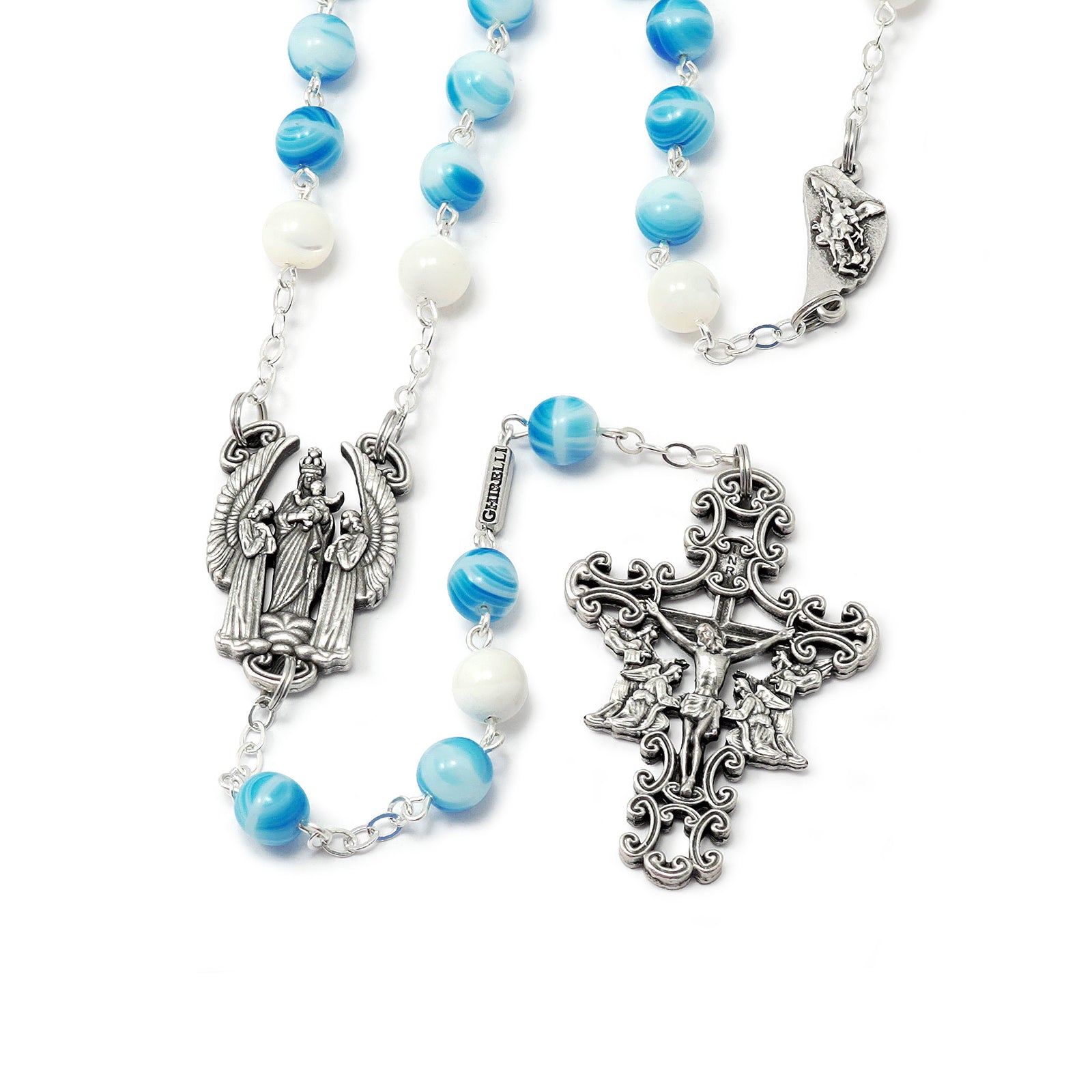 The Holy Angels Rosary in Antique Silver with Genuine Mother of Pearl Accent Beads