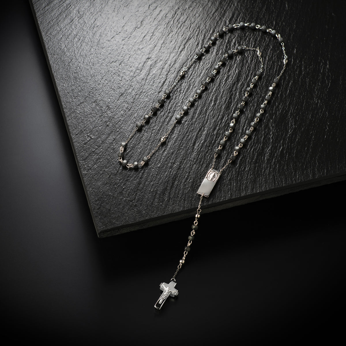 ROSALET®  NECKLACE SQUARE MATTE HEMATITE BEADS, STERLING SILVER &amp; ROUND PATER