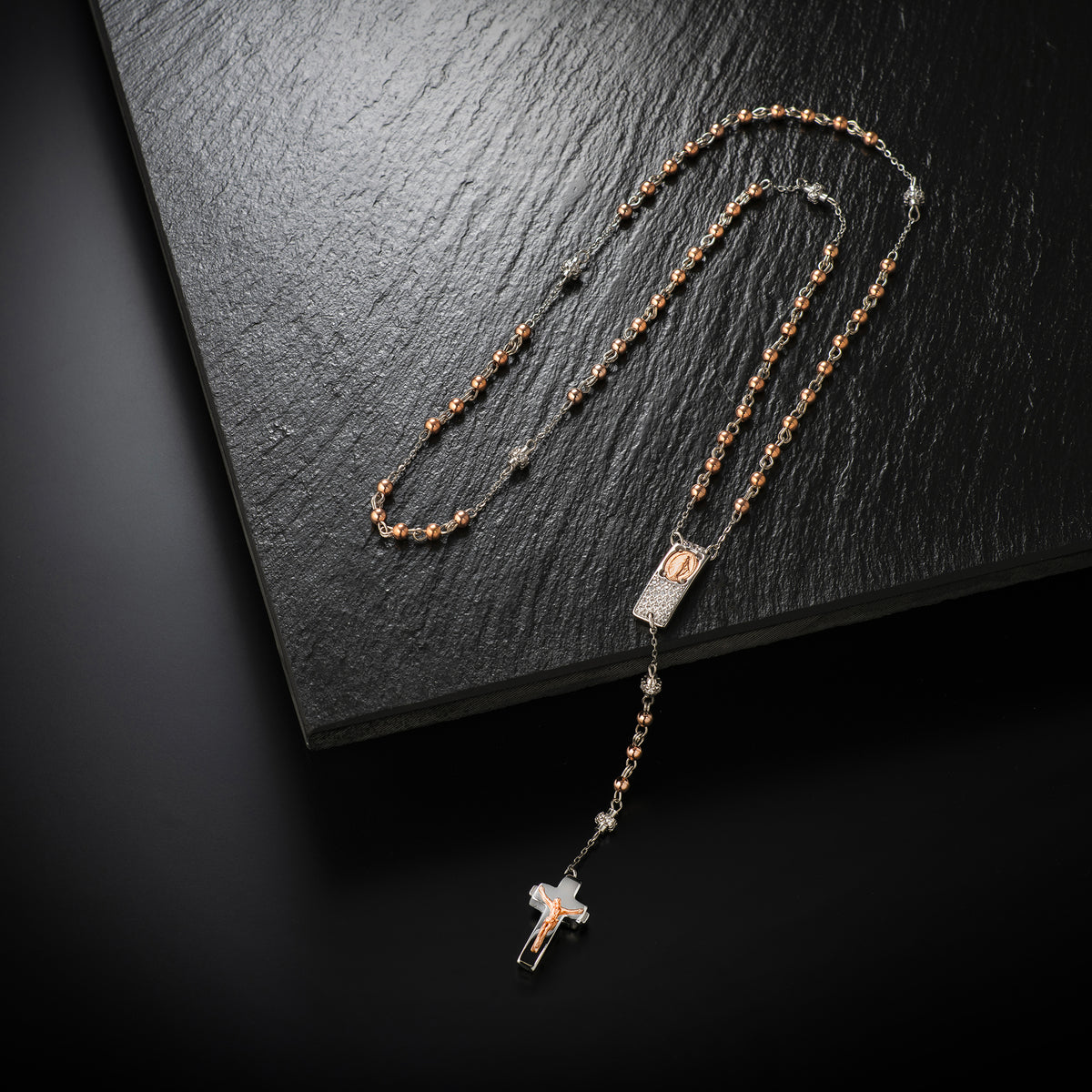 Sterling silver rosary necklace with Zircon pavé
