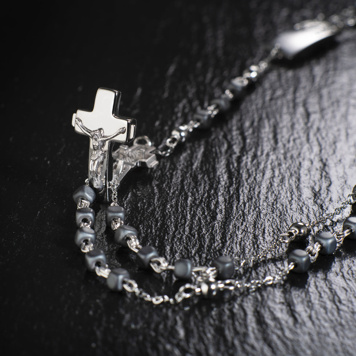 ROSALET®  NECKLACE SQUARE MATTE HEMATITE BEADS, STERLING SILVER &amp; ROUND PATER