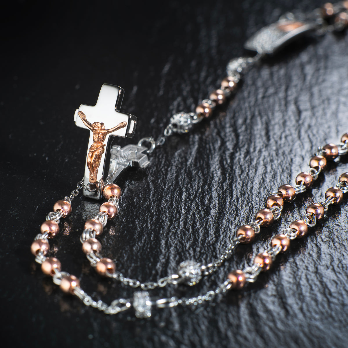 Sterling silver rosary necklace with Zircon pavé