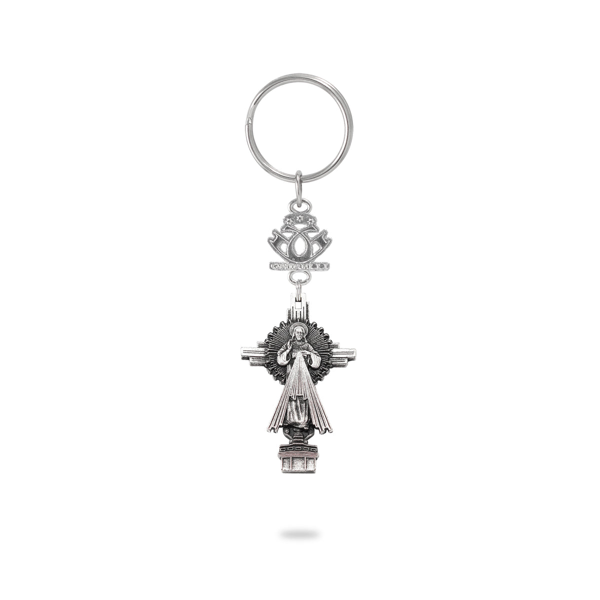 A silver-colored key chain featuring a crucifix with a bas-relief of the Merciful Jesus and an attached enamel ornament.