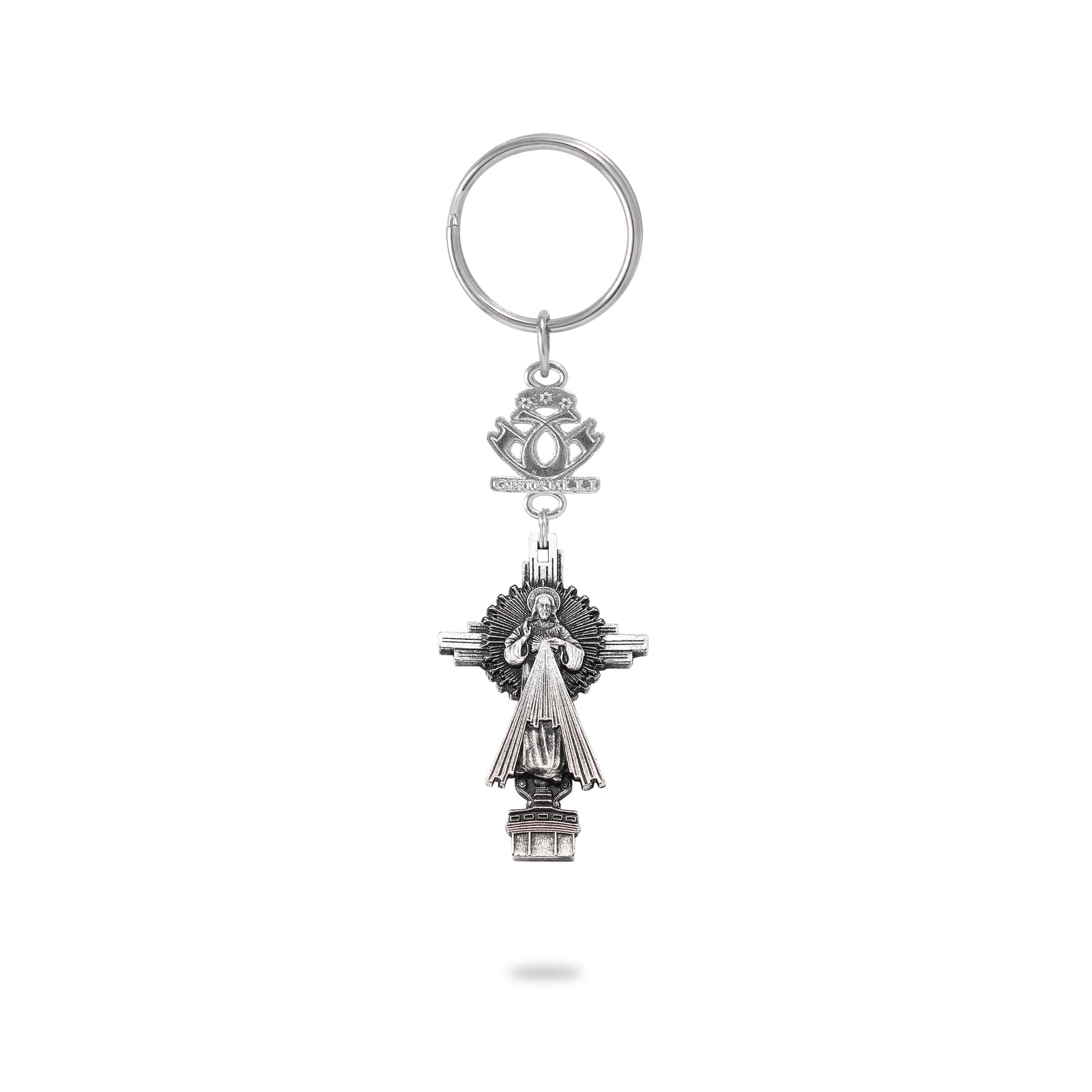 A silver-colored key chain featuring a crucifix with a bas-relief of the Merciful Jesus and an attached enamel ornament.