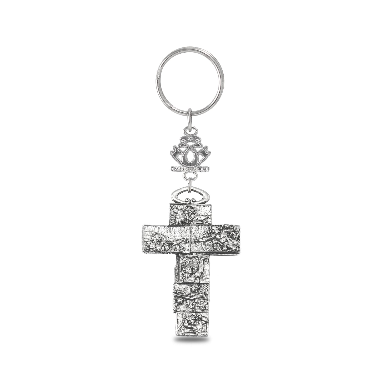 A key chain featuring a silver-colored cross designed with panels depicting the Sistine Chapel artwork.