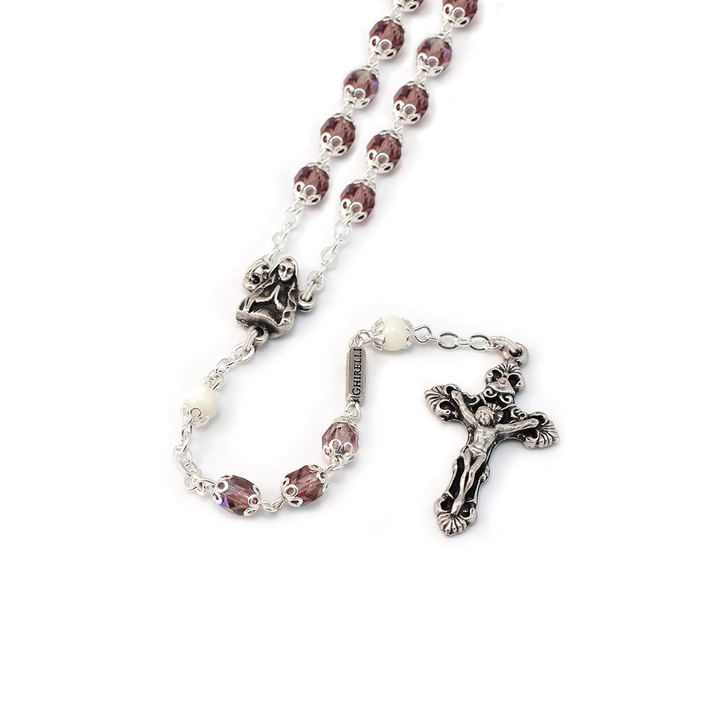 Lourdes Grotto Mauve & Silver Aurora Borealis Rosary