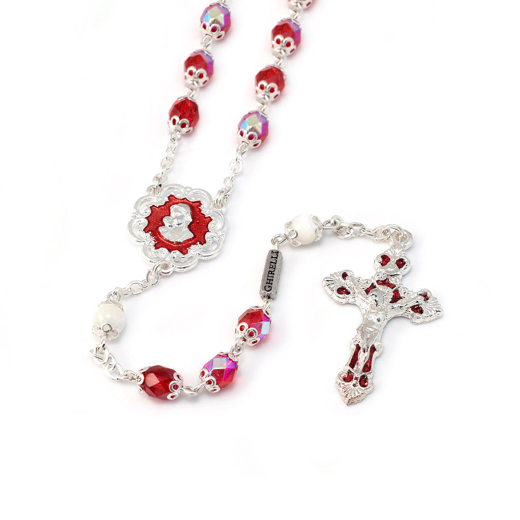 Mary's Motherly Love Collection Aurora Borealis Red & Silver Rosary