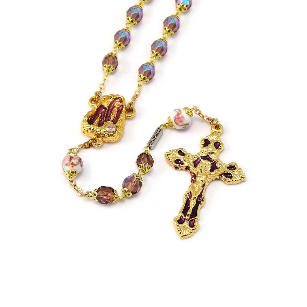 Lourdes Grotto Bohemian Glass & Gold Rosary