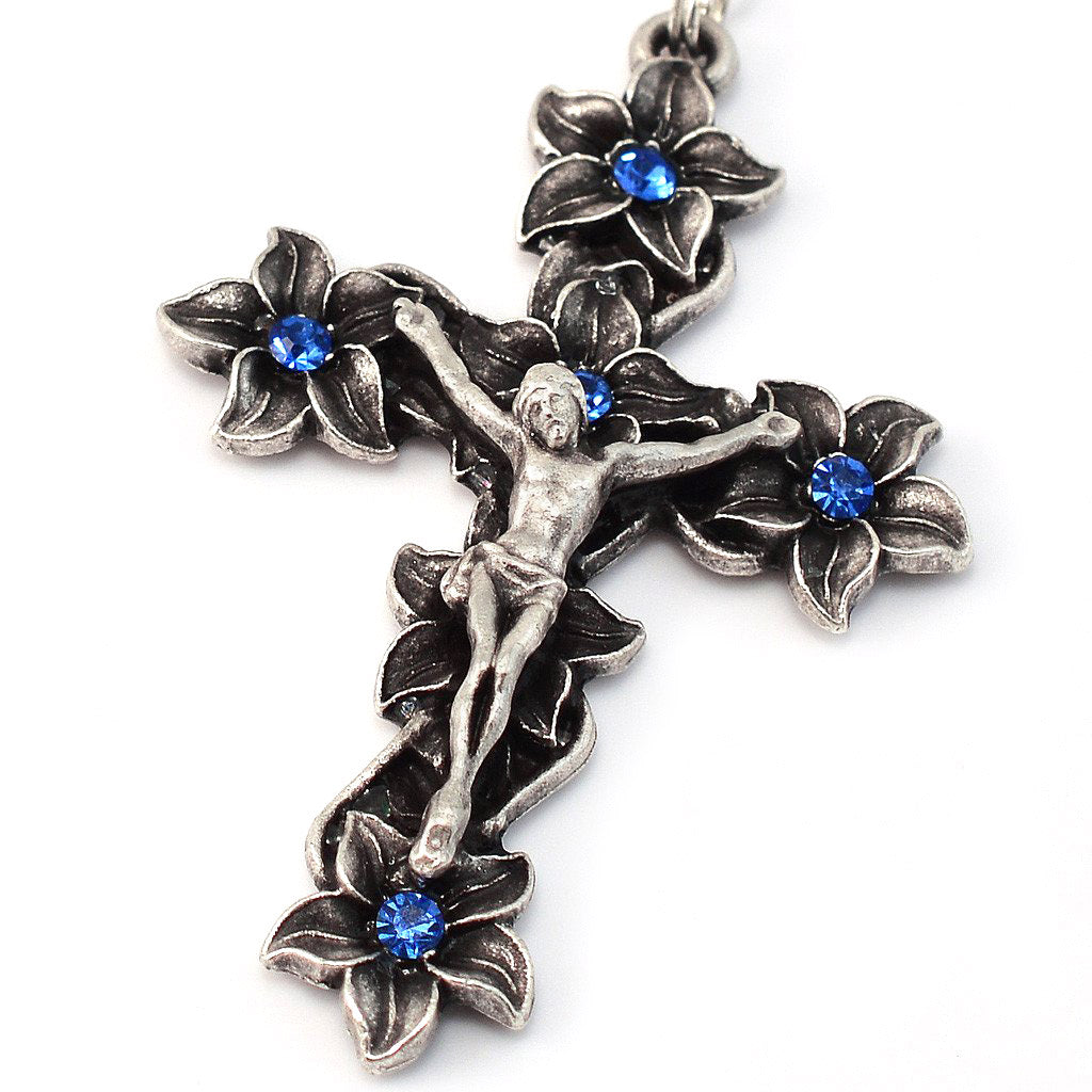 Lourdes Lily Blue Jewel &amp; Silver Rosary