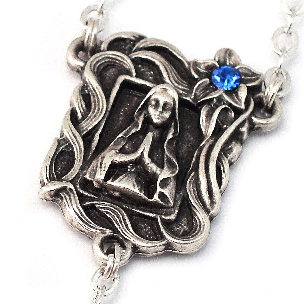 Lourdes Lily Blue Jewel &amp; Silver Rosary