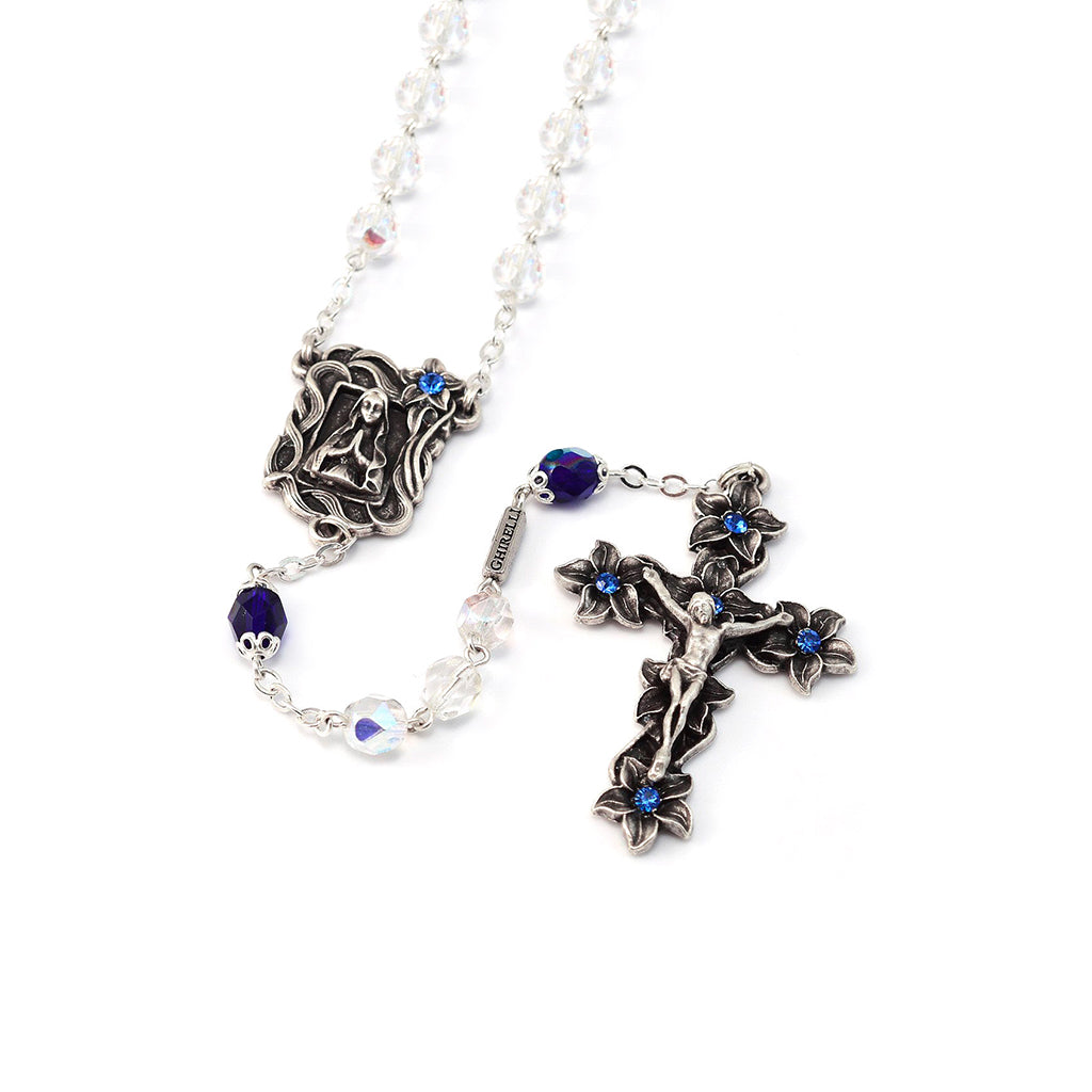Lourdes Lily Blue Jewel &amp; Silver Rosary