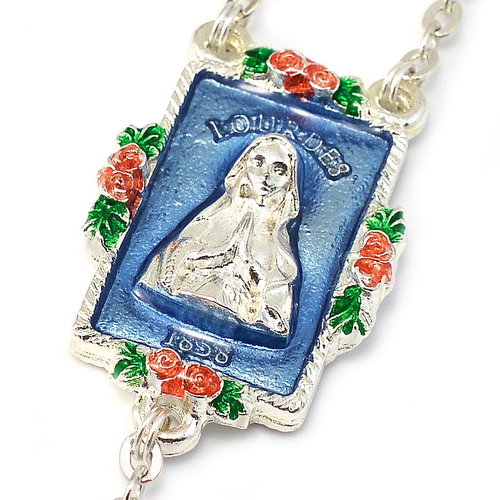 Lourdes Virgo Maria Roses Sky Blue &amp; Silver Hand Enameled Rosary
